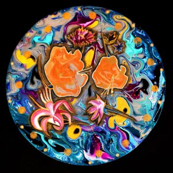 Peinture intitulée "Fleurs sur fond ble…" par Anne Brigaud, Œuvre d'art originale, Acrylique