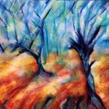 Painting titled "Les arbres bleus" by Anne Brigaud, Original Artwork
