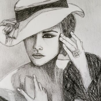 Dessin intitulée "Femme au chapeau no…" par Anne Brunello, Œuvre d'art originale, Graphite