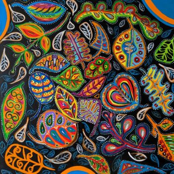 Peinture intitulée "Feuilles multicolor…" par Anne Cabon, Œuvre d'art originale, Acrylique