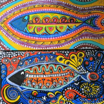 Painting titled "poissons et graffit…" by Anne Cabon, Original Artwork, Acrylic