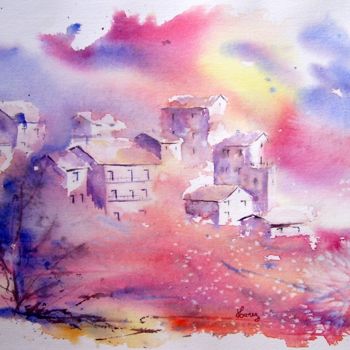 Peinture intitulée "Village rose" par Anne Carez, Œuvre d'art originale, Huile