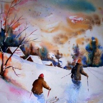 Painting titled "Les skieurs" by Anne Carez, Original Artwork, Oil