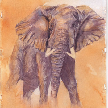 Painting titled "Charging Elephant" by Anniegc, Original Artwork, Watercolor