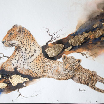 Картина под названием "Leopard with cub" - Anniegc, Подлинное произведение искусства