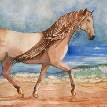 Painting titled "Trot sur la plage" by Anne D'Orion, Original Artwork, Watercolor