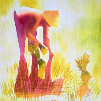 Peinture intitulée "Reflet sur la riziè…" par Anne D'Orion, Œuvre d'art originale, Aquarelle