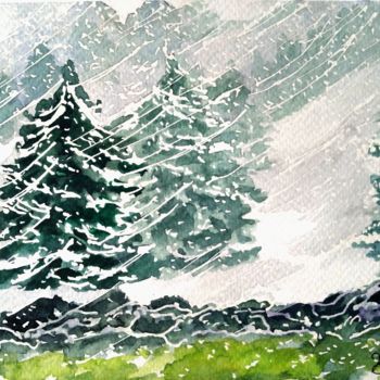 Ζωγραφική με τίτλο "Chute de neige sur…" από Anne D'Orion, Αυθεντικά έργα τέχνης, Ακουαρέλα