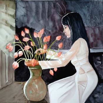 Картина под названием "Vietnamienne aux lo…" - Anne D'Orion, Подлинное произведение искусства, Акварель