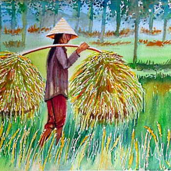 Peinture intitulée "Palanques des riziè…" par Anne D'Orion, Œuvre d'art originale, Aquarelle