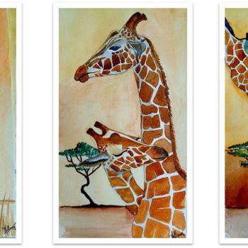 Pintura intitulada "Savane et girafes,…" por Anne D'Orion, Obras de arte originais, Aquarela