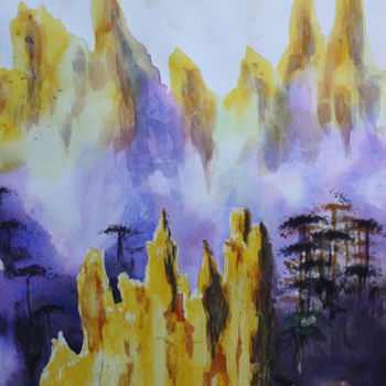 제목이 "Montagnes jaune en…"인 미술작품 Anne Fayet-Massat로, 원작, 수채화