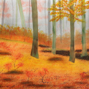 Painting titled "Forêt en automne" by Anne Fayet-Massat, Original Artwork, Watercolor