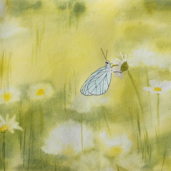 Pintura intitulada "Papillon sur margue…" por Anne Fayet-Massat, Obras de arte originais, Aquarela