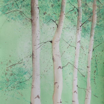 Pintura titulada "Bouleaux vert amande" por Anne Fayet-Massat, Obra de arte original, Acuarela