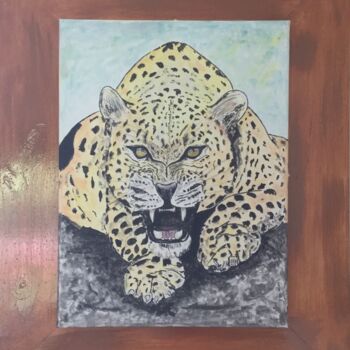 Painting titled "Guépard  expressif" by Anne Fortoul, Original Artwork, Watercolor Mounted on Wood Panel