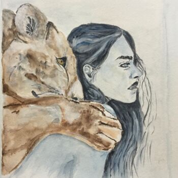 Peinture intitulée "Amitié lionne et j.…" par Anne Fortoul, Œuvre d'art originale, Aquarelle