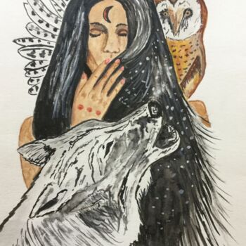 Painting titled "Le chant du loup" by Anne Fortoul, Original Artwork, Watercolor