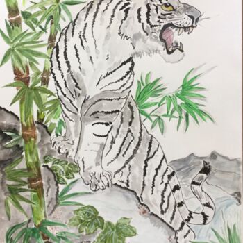 Painting titled "Tigre blanc" by Anne Fortoul, Original Artwork, Watercolor