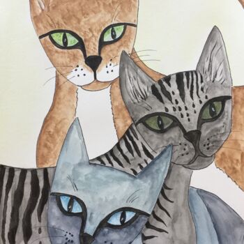 Painting titled "Trios de chats" by Anne Fortoul, Original Artwork, Watercolor