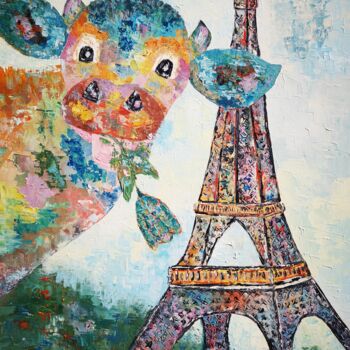 Pintura titulada "Une vache à Paris" por Anne Gobin, Obra de arte original, Acrílico Montado en Bastidor de camilla de madera