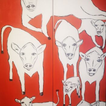 Schilderij getiteld "Vaches !" door Anne Gobin, Origineel Kunstwerk, Acryl Gemonteerd op Frame voor houten brancard