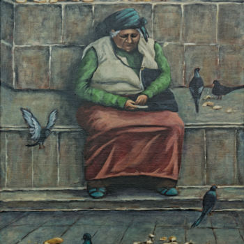 Painting titled "The Pigeon Lady" by Anne Heather Moore, Original Artwork, Acrylic