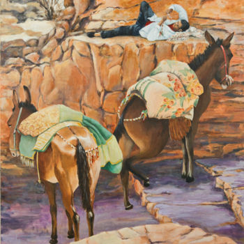 Pintura titulada "Mules at Petra." por Anne Heather Moore, Obra de arte original, Oleo