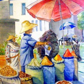Malerei mit dem Titel "Jour de marché" von Anne-Lise Surjus, Original-Kunstwerk, Aquarell