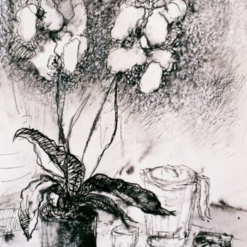 Рисунок под названием "L'ORCHIDEE" - Anne Malvy, Подлинное произведение искусства, Чернила