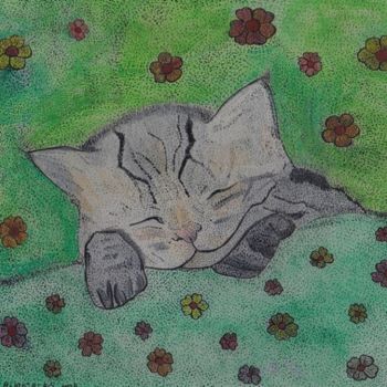 Painting titled "CHATON ENDORMI" by Anne Bazabidila, Original Artwork, Ink