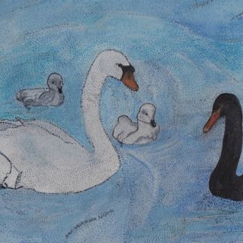 Painting titled "MAMAN CYGNE PAPA CY…" by Anne Bazabidila, Original Artwork, Ink