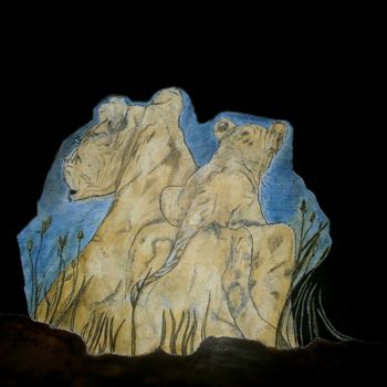 Painting titled "MOM LIONESS AND HIS…" by Anne Bazabidila, Original Artwork, Ink