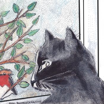 Painting titled "DIALOGUE DE CHAT" by Anne Bazabidila, Original Artwork, Ink