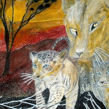 Painting titled "MOM LION AND ITS TW…" by Anne Bazabidila, Original Artwork, Ink