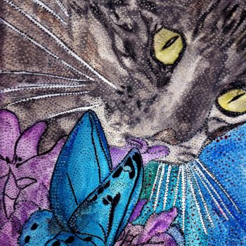 Painting titled "THE CAT AND THE BUT…" by Anne Bazabidila, Original Artwork, Ink