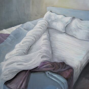 Painting titled "LE LIT DEFAIT" by Anne-Marie Callamard, Original Artwork, Oil Mounted on Wood Stretcher frame