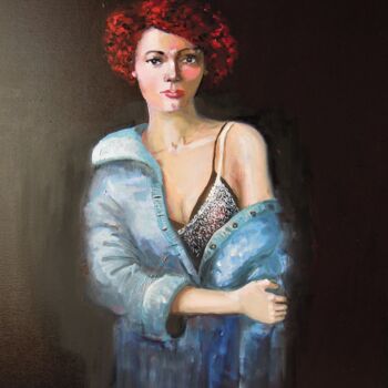 Painting titled "LE MANTEAU BLEU" by Anne-Marie Callamard, Original Artwork, Oil Mounted on Wood Stretcher frame