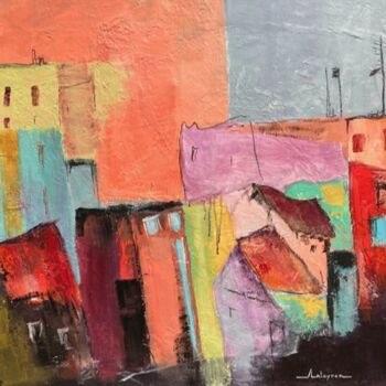 Painting titled "Village en Toscane" by Anne Marie Lateyron, Original Artwork, Acrylic Mounted on Wood Stretcher frame