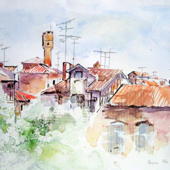 Painting titled "Vieil Albi et moder…" by Anne-Marie Mary, Original Artwork, Watercolor Mounted on Other rigid panel