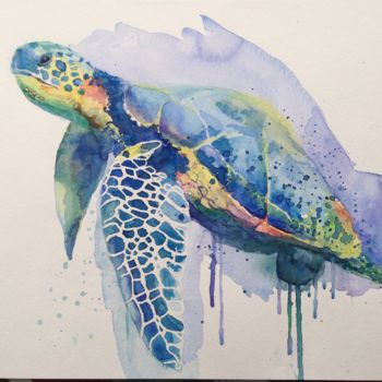 Painting titled "Tortue caouane" by Anne Marie Podrini, Original Artwork, Watercolor