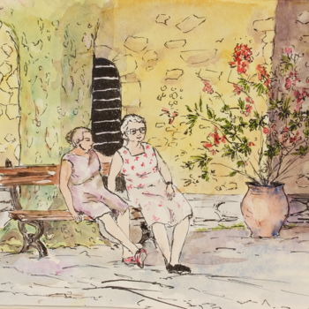 Painting titled "Sous les tilleuls" by Anne-Marie Simard-Grasset, Original Artwork, Watercolor