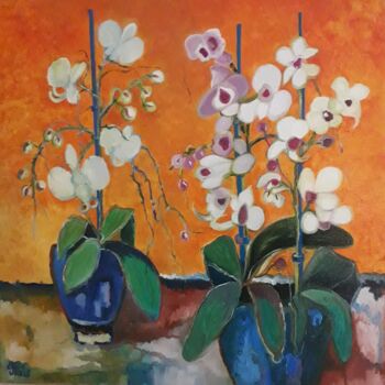 Painting titled "Orchids 1" by Anne Paris, Original Artwork, Oil Mounted on Wood Stretcher frame