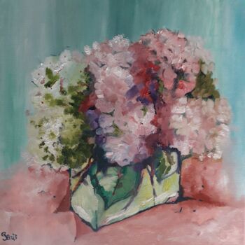 Painting titled "Mes hortensias" by Anne Paris, Original Artwork, Oil Mounted on Wood Stretcher frame