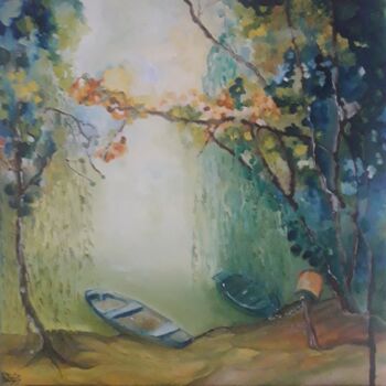 Painting titled "Barques à Chemilly…" by Anne Paris, Original Artwork, Oil Mounted on Wood Stretcher frame