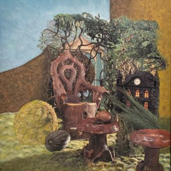Κολάζ με τίτλο "Le salon champignon…" από Anne Vidal, Αυθεντικά έργα τέχνης, Κολάζ Τοποθετήθηκε στο Ξύλινο φορείο σκελετό