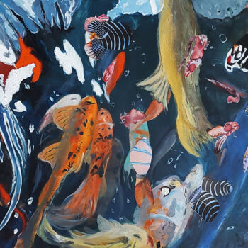 Painting titled "Poissons abstraits" by Anne-Violette Goy, Original Artwork, Oil