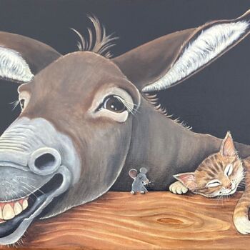 Painting titled "L’âne et chats" by Annemarie Laffont, Original Artwork, Acrylic Mounted on Wood Stretcher frame