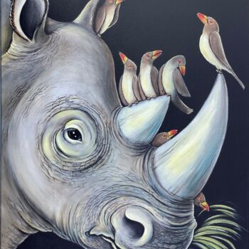 Painting titled "Le rhinocéros et se…" by Annemarie Laffont, Original Artwork, Acrylic Mounted on Wood Stretcher frame