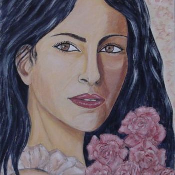 Painting titled "Femme aux roses" by Anne Touzard, Original Artwork